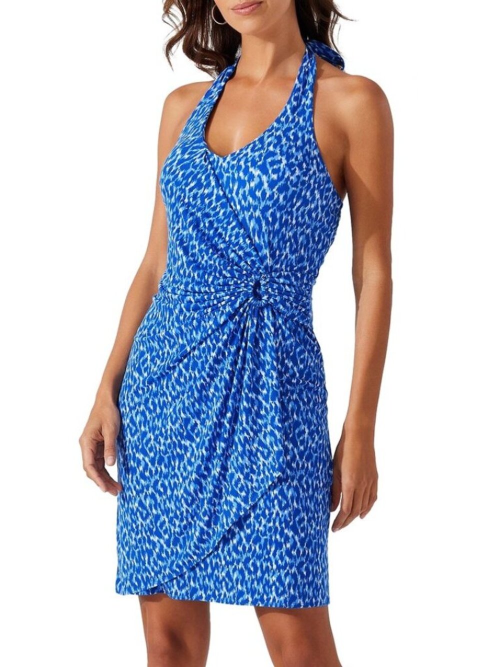 Tommy Bahama Blue Printed One-Shoulder Halter Dress